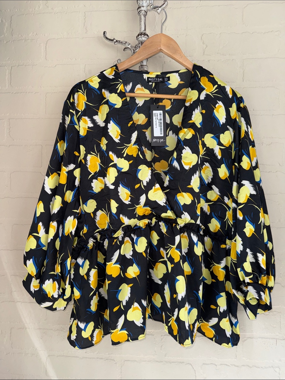 Nasty Gal Black Floral Peplum Blouse Yellow Blue Print NEW